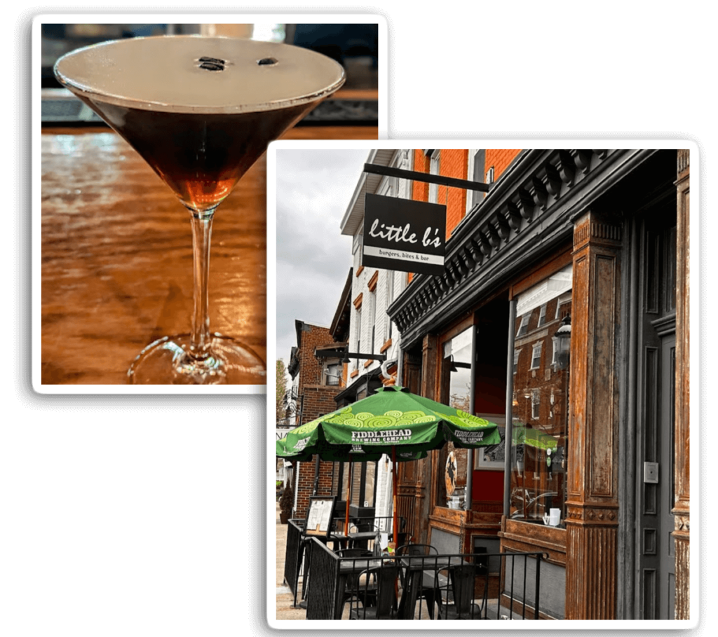 Banner showing images of a coffee martini and the storefront of a restaurant
